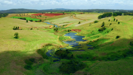 Scenic-Rural-Landscape-Of-Atherton-Tablelands,-Queensland,-Australia-With-Pond-And-Green-Fields---aerial-drone-shot