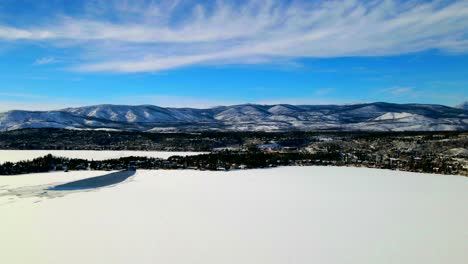 Aerial-hyper-lapse-over-snowy-Grand-Lake,-Colorado
