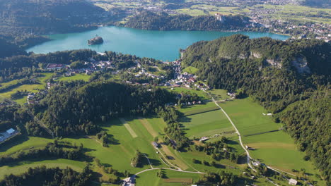 Panoramic-aerial-view-of-Lake-Bled,-Slovenia