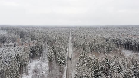 Aerial-of-a-wintry-forest-with-driving-cars,-tracking-one-oncoming-and-following-it-turning-down-the-drone-camera