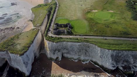 Aerial-Over-White-Chalk-Cliffs-And-Neptune's-Tower-At-Kingsgate-Bay
