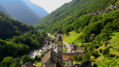 Drone-shot-of-Lavertezzo-Switzerland-flying-past-the-Madonna-degli-Angeli