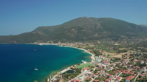 Aerial-view-Sami-town-with-beautiful-turquoise-sea-beach-background,-Kefalonia-Island