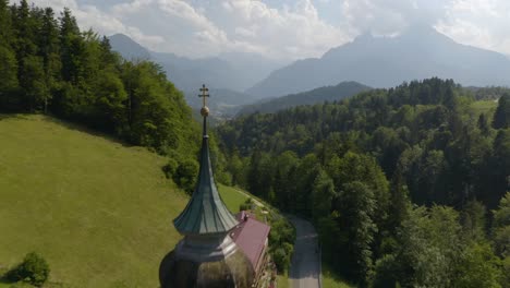 Drone-Flies-Over-the-Pilgrimage-Church-of-Maria-Gern-on-Beautiful-Summer-Afternoon