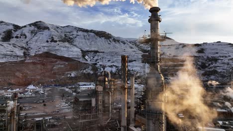 Aerial-Footage-Close-to-Towers-in-Oil-Refinery-at-Industrial-Area-in-North-Salt-Lake-Utah---Forward-Tilt-Up-Movement