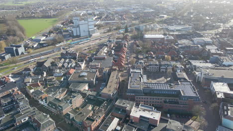 Aerial-over-small-streets-in-old-town-center-in-the-Netherlands
