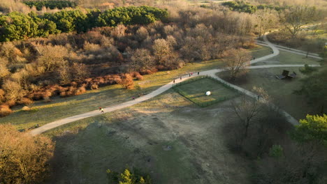 Luftaufnahme-Von-Menschen,-Die-Während-Des-Goldenen-Sonnenuntergangs-In-Polen-Auf-Einem-Waldweg-Joggen