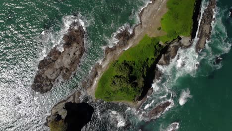 Aerial-top-down-of-Little-James-Island-Pacific-Ocean-Washington,-drone-reveal-unexplored-mother-earth-beauty,-wild-nature-unpolluted-landscape
