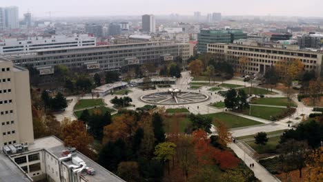 Moving-aerial-shot-of-Freedom-Square-in-Bratislava,-Slovakia-on-overcast-day