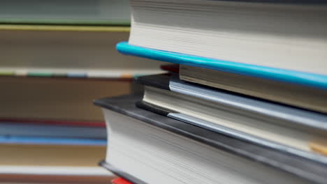 Close-up-view-of-stacked-books---shallow-depth-soft-focus-pan-shot