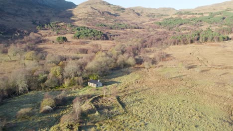 Aerial-drone-footage-descending-towards-native-woodland-in-winter-and-a-remote-Scottish-Bothy-,-fields,-long-shadows-and-a-forested-hillside-in-the-sunshine