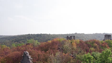 Reveal-shot-of-Dvigrad-ruins-in-Kanfanar,-bush-covered-hill-top,-aerial