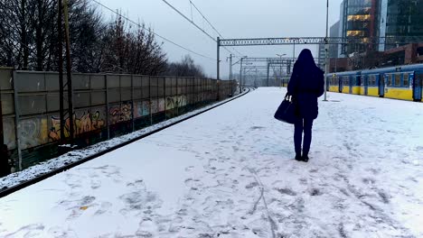 Woman-from-behind-waiting-at-a-train-station-in-snowfall-while-a-train-crosses