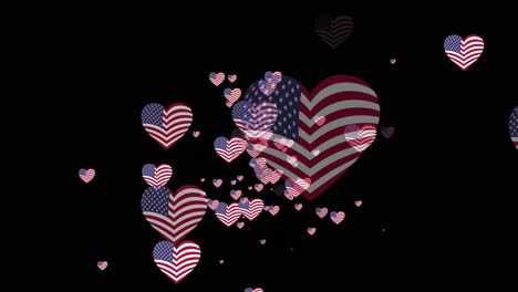 Animierte-Herzförmige-Usa-flagge,-Die-Sich-Auf-Schwarzem-Hintergrund-Nach-Unten-Bewegt