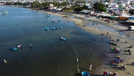 Aerial-forward-view-of-beach-with-people-loading-trucks-with-shell-and-seafood