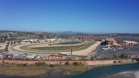 Aerial-shot-over-Del-Mar-racetrack-next-to-Solana-beach-in-California
