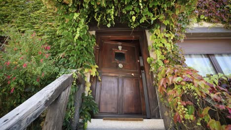 wooden-house-door-entry-with-plants-and-autumn-colors-in-residential-middle-class-building