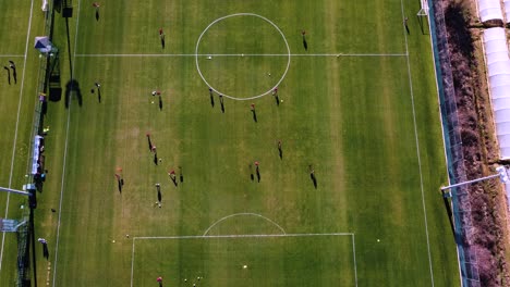 Football-training-session,-bird-eye-view-aerial-shot