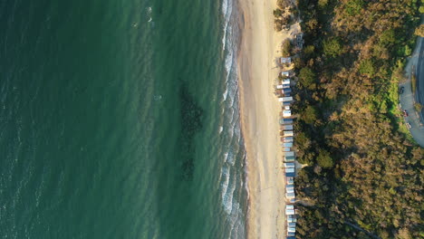 Top-down-aerial-perspective-showing-Mornington-beach-boxes-lined-along-sandy-beach
