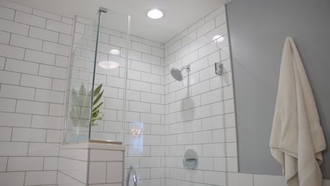 Modern-White-Tiled-Shower-with-Shower-Head-and-Plant-in-a-Bathroom-Condo
