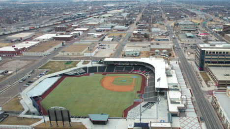 Amarillo,-Texas-USA,-Aerial-View-of-Hodgetown-Baseball-Park-Stadium-in-Downtown-Neighborhood,-Drone-Shot