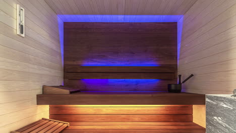 Wooden-sauna-with-colourful-pulsing-light-display