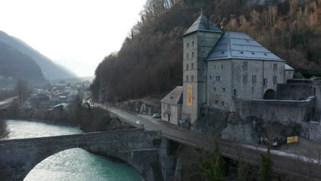 Aerial-of-beautiful-old-castle-Saint-Maurice-near-a-blue-river