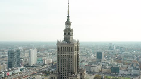 Slow-Close-Up-Palace-of-Culture-and-Science-Drone,-Warsaw-Poland