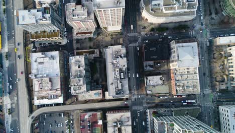 Overhead-aerial-of-Seattle's-downtown-streets,-circa-2017