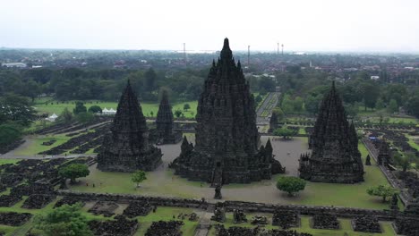 Prambanan-Hindu-temple-in-Yogyakarta,-Indonesia-dedicated-to-Trimurti,-Aerial-orbit-around-shot