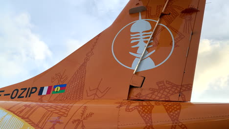Close-up-of-new-tail-logo-of-Air-Calédonie,-domestic-airline-of-New-Caledonia