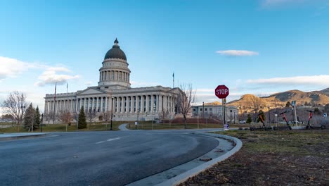 Salt-Lake-City-capitol-building-with-light-morning-traffic-on-a-clear-winter-day---time-lapse