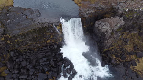 Iceland-waterfall:-aerial-view-of-Oxarafoss