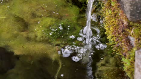 Water-stream-falling-into-a-mossy-water-surface,-bubbles-appear