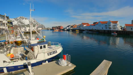 View-from-the-pier-in-worlds-famous-fishing-village-on-Lofoten-Islands,-Henningsvaer-Harbor,-Norway