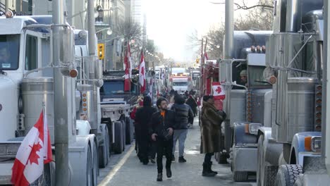 Endless-line-of-trucks-with-Canadian-flag-blocking-streets-of-Ottawa,-handheld-view
