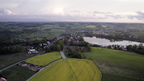 Luftaufnahme-Des-Rapsfeldes-In-Der-Nähe-Des-Dorfes-Kielno-In-Polen---Drohnenaufnahme