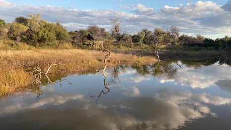 Handheld-Shot-Of-Pond-In-African-Savannah-With-Reflections-Of-Dramatic-Sky