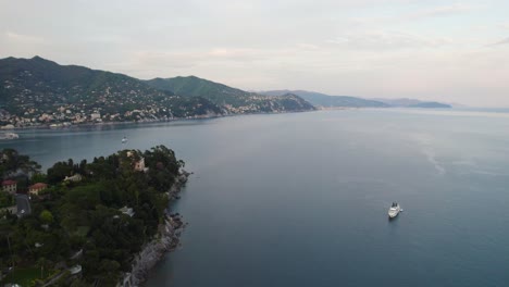 Exotic-Tropical-Coastline-of-Portofino,-Italy---Aerial-Panning-View