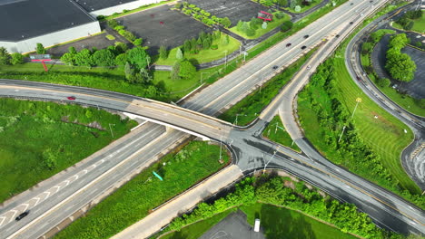 High-aerial,-top-down-view-of-highway-interchange