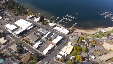 Aerial-over-the-downtown-area-of-McCall,-Idaho