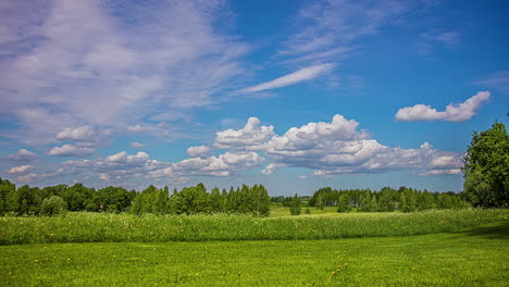 Timelapse-shot-of-fast-moving-white-puffy-clouds-moving-over-blue-sky-over-rural-landscape-with-green-grasslands-and-trees-throughout-the-day