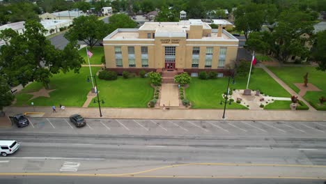 Aerial-footage-of-the-Gillespie-Country-Courthouse-located-at-101-W-Main-St,-Fredericksburg,-TX-78624-in-Fredericksburg-Texas