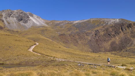 Static,-hiker-crosses-barren-mountain-landscape,-Fiordland,-Kepler-Track-New-Zealand