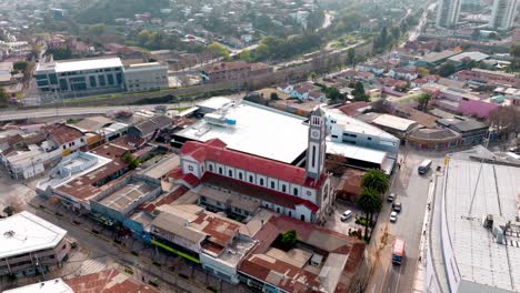 Aerial-orbit-over-Church-of-Our-Lady-of-the-Rosary-in-the-city-of-Quilpue,-in-Valparaiso-region,-Chile