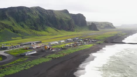 Vik,-Iceland-skyline-and-black-sand-beach-drone-video-moving-forward