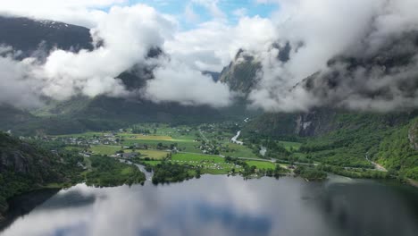 Aerial-View-Of-Ovre-Eidfjord-located-at-the-southern-end-of-the-lake-Eidfjordvatnet