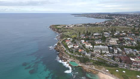 Cinematic-aerial-view-over-Sydney-coastline-seascape-at-Coogee-beach