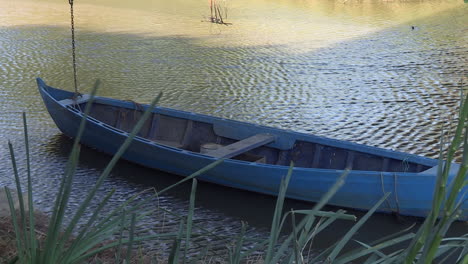 An-artisanal-fishing-boat,-made-of-wood-and-painted-blue,-moves-slowly-in-the-still-waters-of-the-river