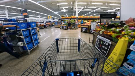 POV-while-pushing-a-cart-into-a-Walmart-towards-the-fresh-produce-and-past-fresh-cut-flowers-and-flats-of-water-bottles